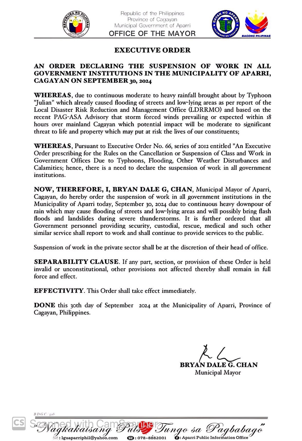 EXECUTIVE ORDER ON THE DECLARATION OF WORK SUSPENSION IN ALL GOVERNMENT INSTITUTIONS IN THE MUNICIPALITY OF APARRI ON SEPTEMBER 30, 2024